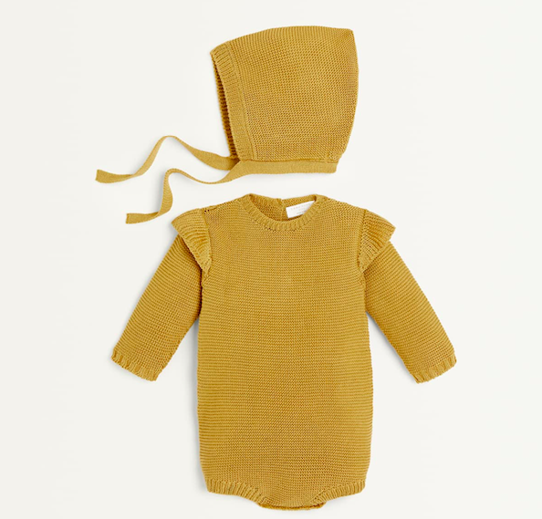 Mustard knit romper set knit-baby-romper-bonnet-set