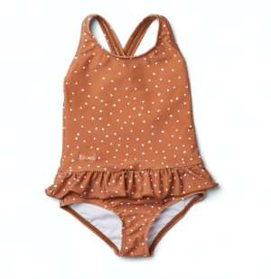Terracotta polka dot baby swimsuit