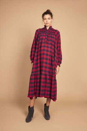 Red and navy check maternity dress