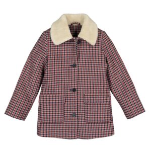 Red check coat with fur collar
