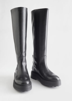 Chunky black knee high leather boots