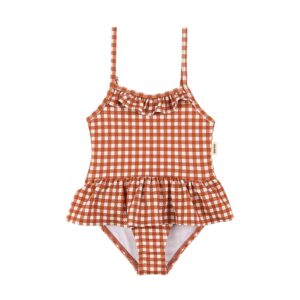 rust gingham baby frill swimsuit
