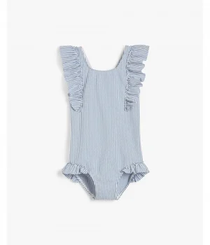 baby blue striped swimsuit with frills