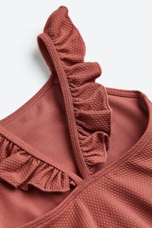 kids brick red frill textured swimsuit