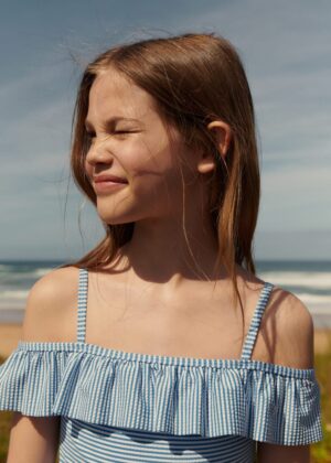 kids blue stripe ruffle swimsuit