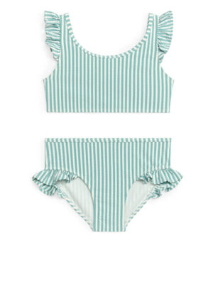 kids green stripe frill bikini