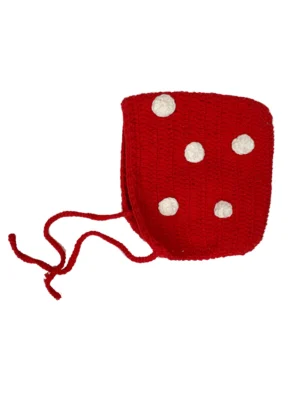 red crochet bonnet