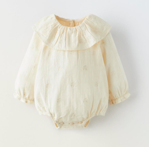cream ruffled embroidered baby romper