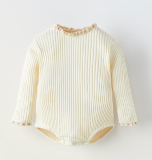 cream ribbed bodysuit with lace trim