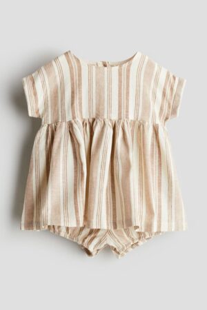 beige linen striped baby set