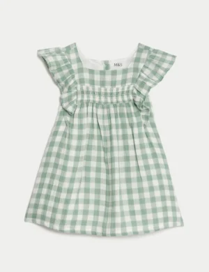 green gingham frill dress