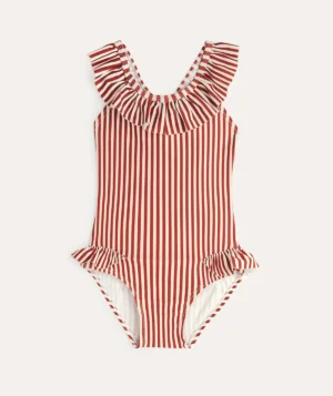 kids red stripe frill swimsuit
