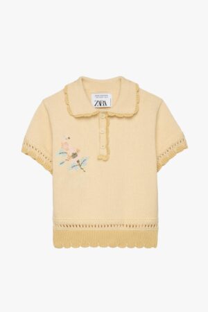 yellow embroidered knit polo shirt