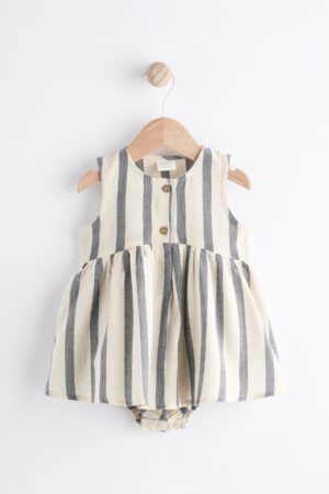 grey and white striped baby dress set