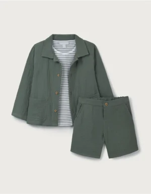 khaki jacket shorts and striped top set