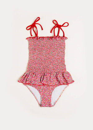 red smocked girls swimsuit