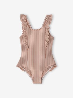 terracotta striped frill swimsuit