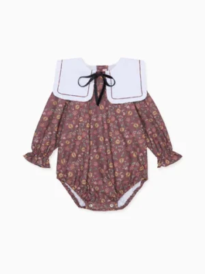burgundy floral baby girl bow collar romper