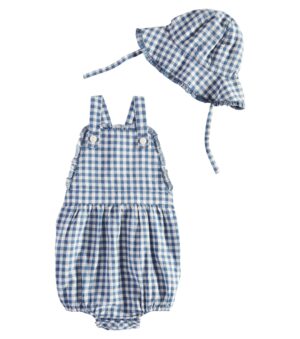 blue gingham baby bodysuit and sun hat