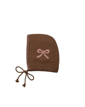 brown bow knit bonnet