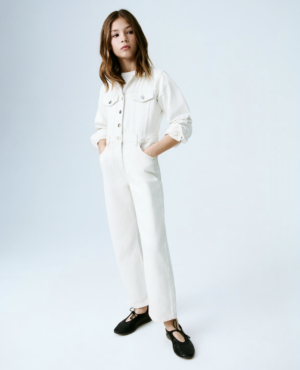 girls long white denim jumpsuit