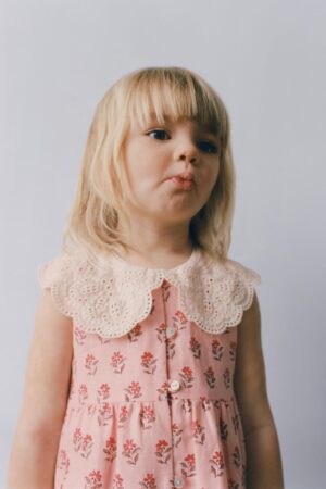 pink floral dress with lace collar