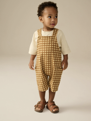mustard check kids short dungaree set