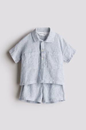 blue linen toddler baby short set