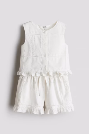 cream cotton embroidered shorts set