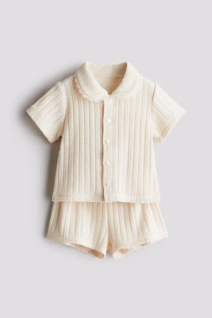 cream knit shirt and shorts set
