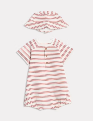 red striped romper and sunhat