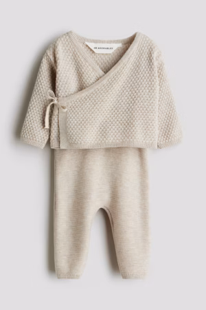 oatmeal baby knit cardigan and trouser set