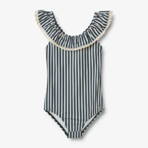 blue striped frill girls swimsuit
