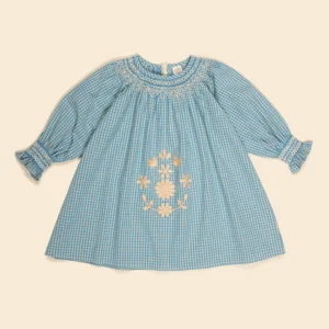 blue check embroidered smock dress