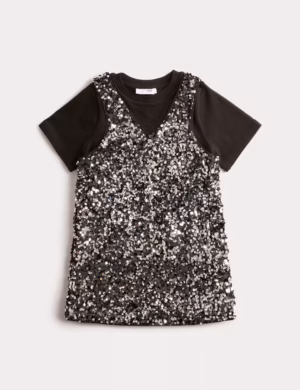 sequin pinafore and t-shirt