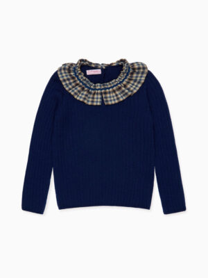 navy jumper with tartan collar