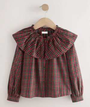red ruffle blouse